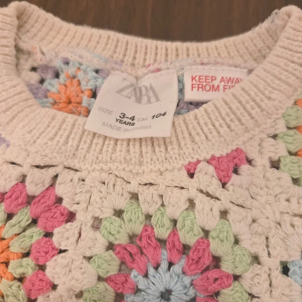 Zara Kids Crochet Knit Top‎ and Distressed Denim Jeans Set Size 3-4 Years Boho